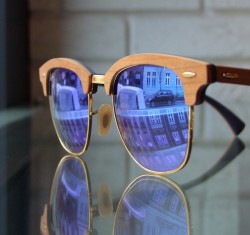 Drewniane okulary przeciwsloneczne Ray-Ban Clubmaster niebieskie lustrzanki brazowe szkla RB 3016-M 11807Q
