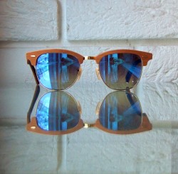 Drewniane Clubmastery Ray-Ban niebieskie lustrzanki brazowe szkla RB 3016-M 11807Q