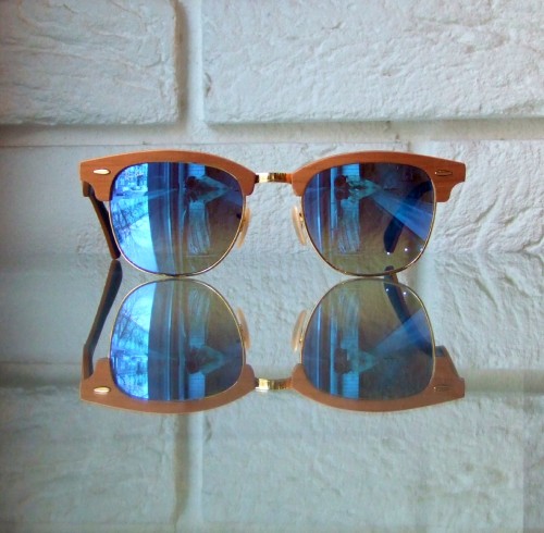 Drewniane Clubmastery Ray-Ban niebieskie lustrzanki brazowe szkla RB 3016-M 11807Q